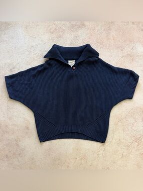Navy Cropped Cowl-Neck Knit Sweater